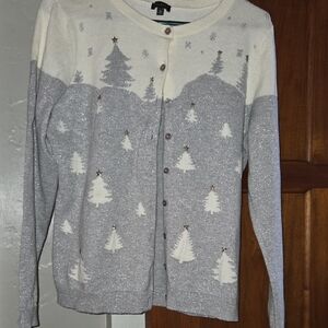 Talbots Gray and Cream Tree Pattern Cardigan